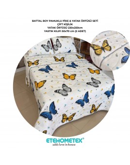 ETEHOMETEX Battal Boy Pamuklu Kapitoneli Yatak Örtüsü Seti KELEBEK MAVİ 8696474232099